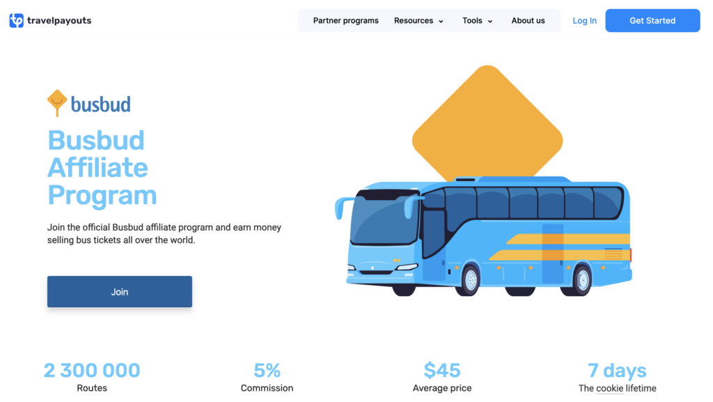 Screenshot of the BusBud affiliate program page featuring a blue bus.