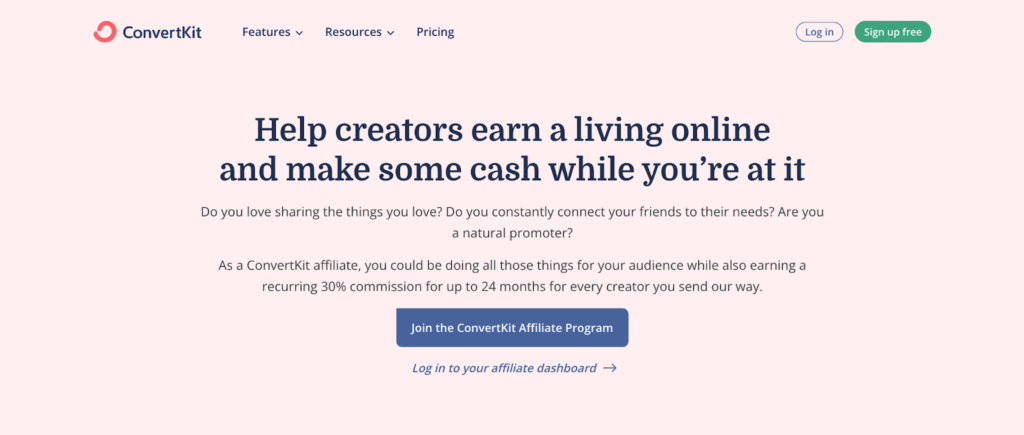 A screenshot of the ConvertKit affiliate program