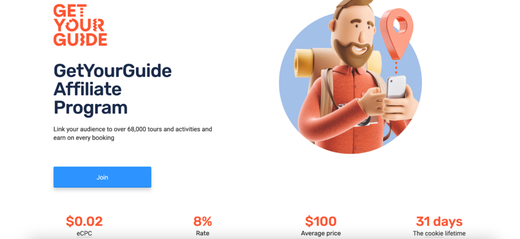 A screenshot of the GetYourGuide affiliate program page featuring a cartoon backpacker with a phone