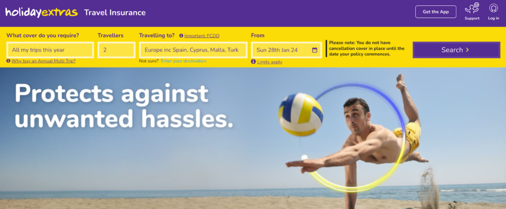 A screenshot of the Holiday Extras Travel Insurance page