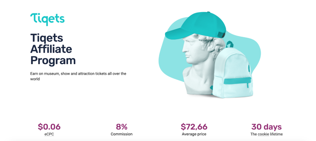A screenshot of the Tiqets affiliate program featuring a marble bust with a cap and a backpack