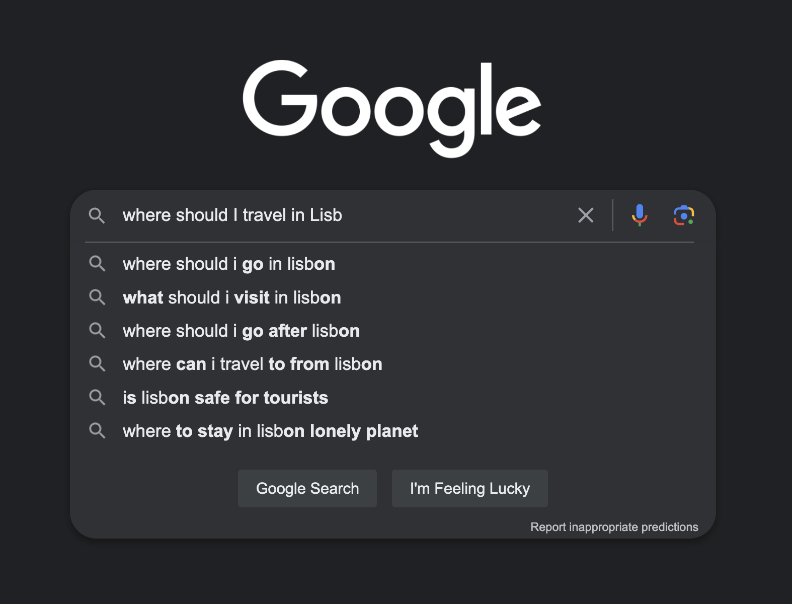 Google autocomplete related to a Lisbon travel query