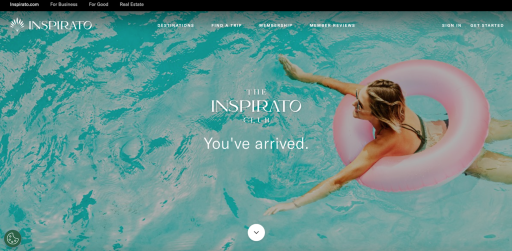 A screenshot of the Inspirato Premium Membership page featuring a photo of a girl swimming in the pool