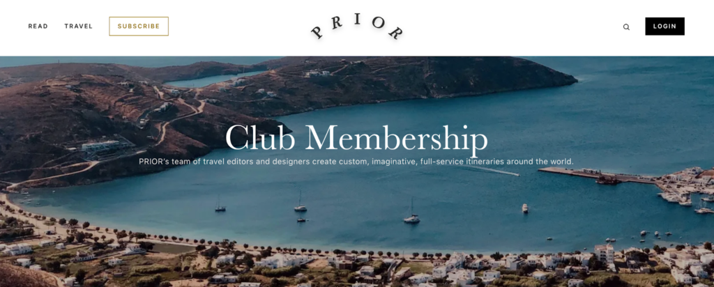 A screenshot of the Prior Club Membership page featuring a photo of a bay and a village