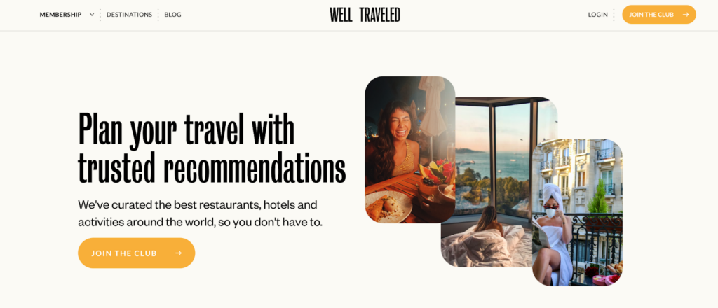 A screenshot of the Well Traveled homepage featuring travel photos