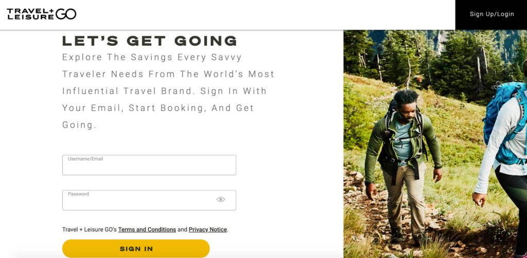 A screenshot of the Travel + Leisure GO homepage featuring a photo of hiking tourists