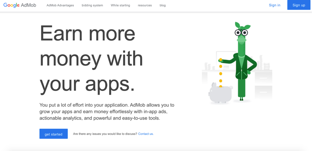 A screenshot of the Google AdMob homepage featuring a cartoon animal
