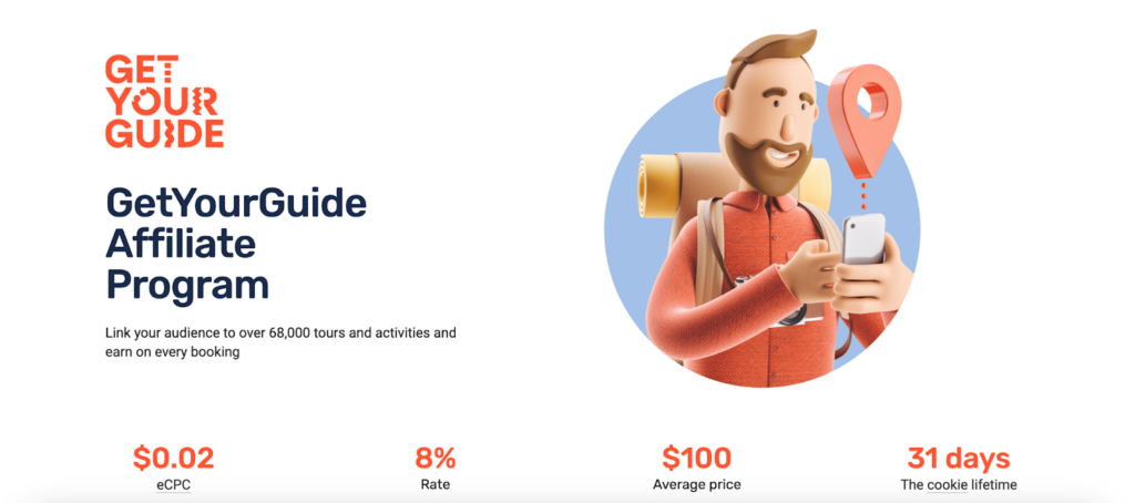 A screenshot of the GetYourGuide affiliate program featuring a cartoon backpacker with a phone