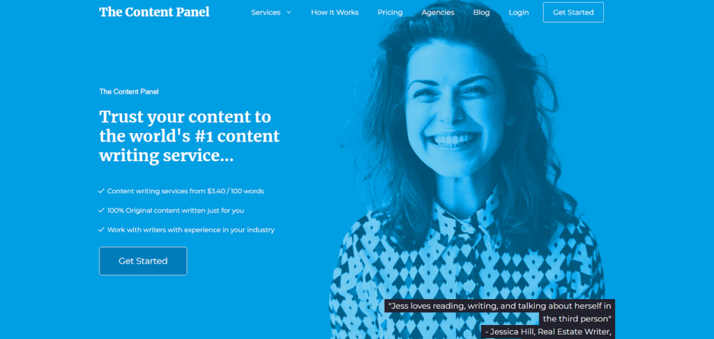 A screenshot of The Content Panel homepage featuring a photo of a young woman smiling