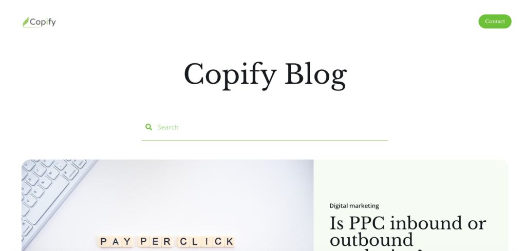 A screenshot of the Copify homepage with a featured post