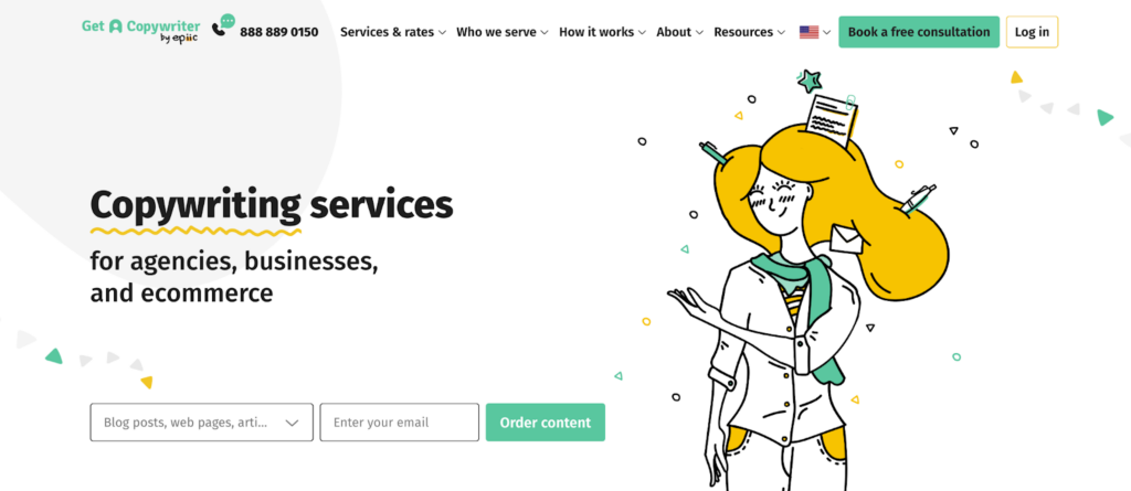 A screenshot of the Get A Copywriter homepage featuring a cartoon character