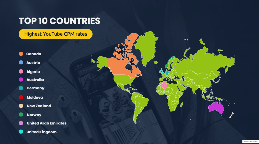 A map of the top ten countries with the highest CPM rates on YouTube