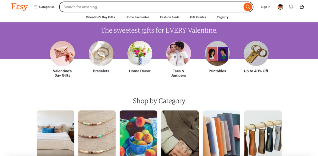 A screenshot of the Etsy homepage featuring different types of products