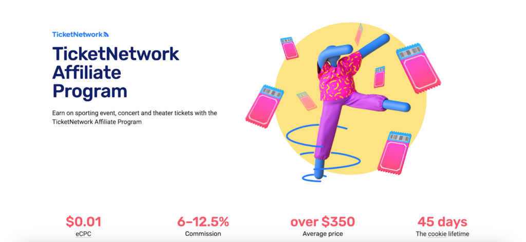 A screenshot of the TicketNetwork affiliate program featuring a cartoon dancer