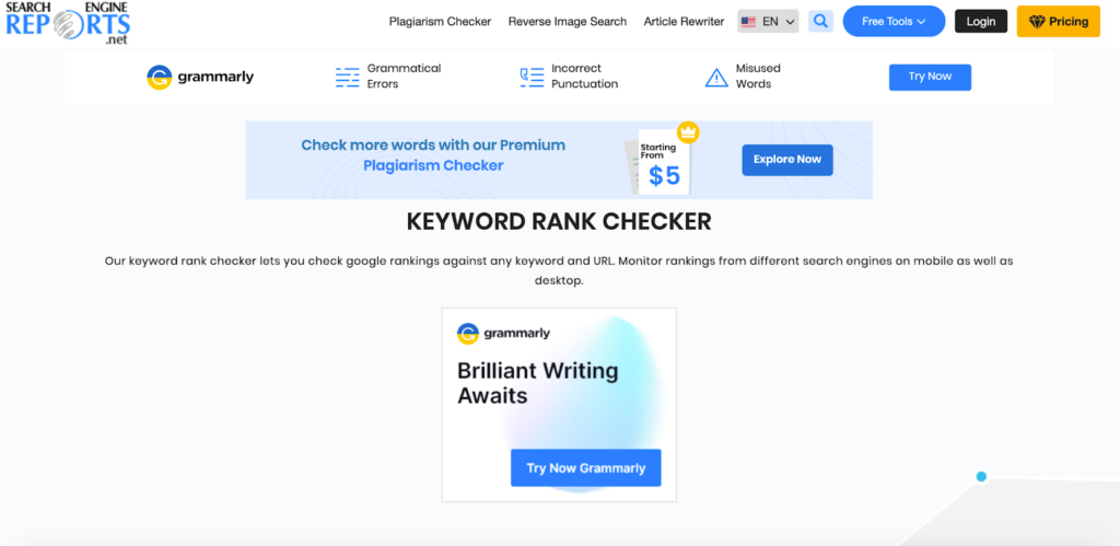 A screenshot of the Keyword Rank Checker page on Search Engine Reports