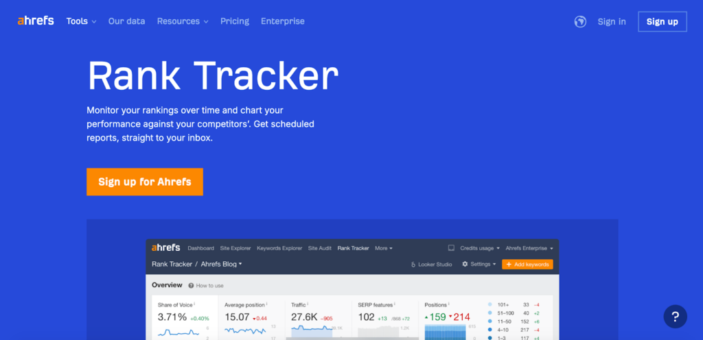 A screenshot of the Ahrefs homepage featuring Ahrefs dashboard