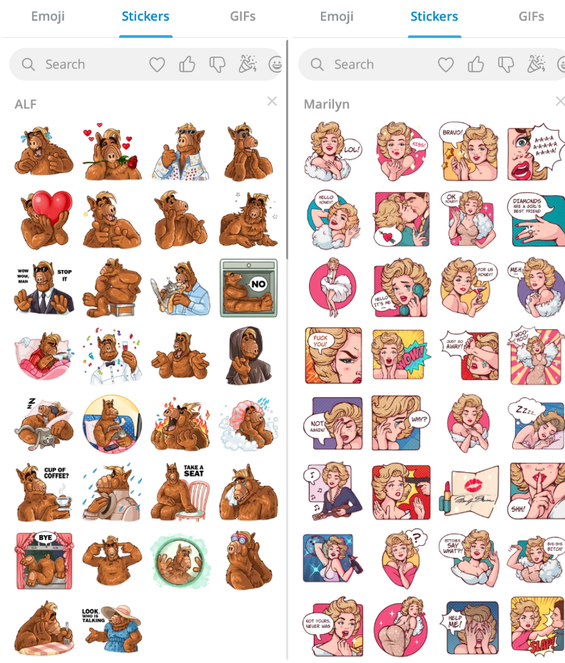 Alf and Marilyn stickers example on Telegram app