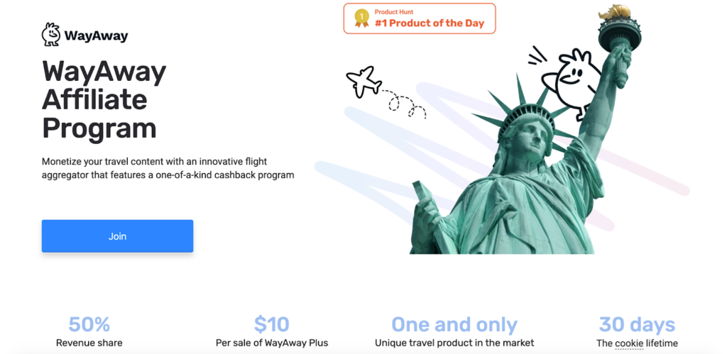 A screenshot of the WayAway affiliate program page featuring the Statue of Liberty drawing