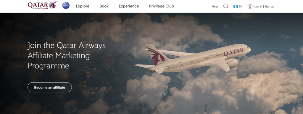A screenshot of the Qatar Airways affiliate program page featuring a photo of a plane in the sky