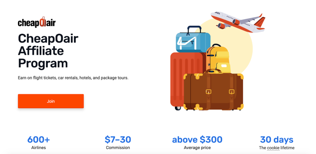  A screenshot of the CheapOair affiliate program page featuring a drawing of luggage at the airport