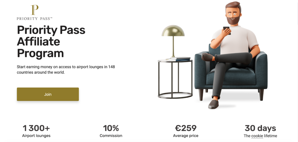 A screenshot of the Priority Pass affiliate program page featuring a cartoon character checking his phone in the airport lounge