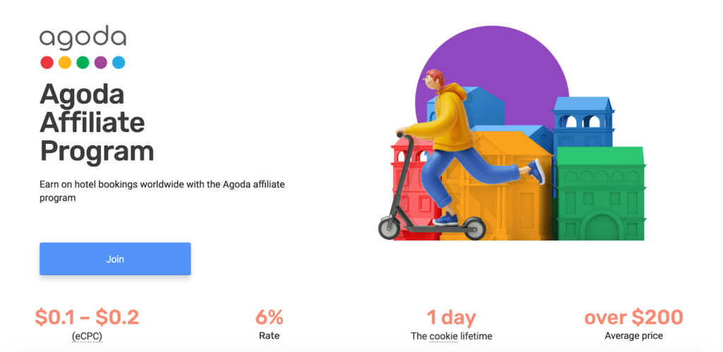 A screenshot of the Agoda affiliate program page featuring a cartoon character on a scooter exploring a city
