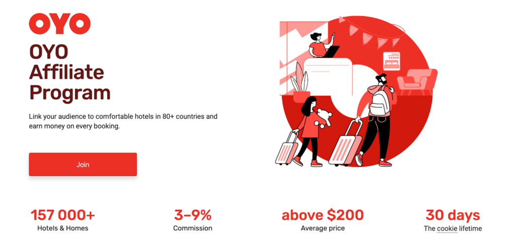 A screenshot of the OYO affiliate program page featuring a cartoon characters at the airport