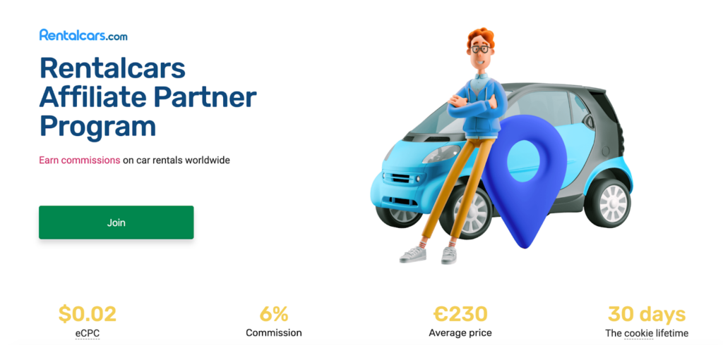 A screenshot of the Rentalcars.com affiliate program page featuring a cartoon character next to a smart car