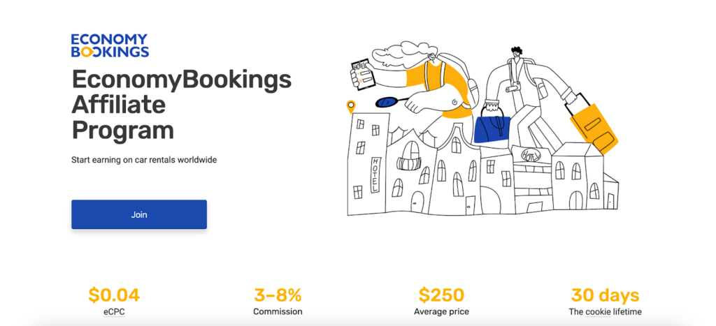 A screenshot of the EconomyBookings affiliate program page featuring cartoon characters walking around the city
