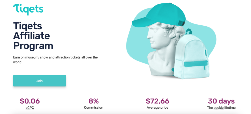 A screenshot of the Tiqets affiliate program featuring a marble bust in a cap with a backpack