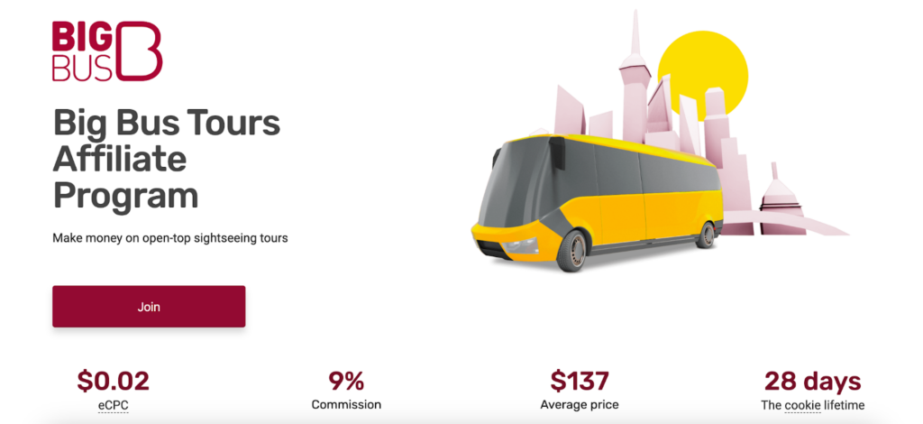 A screenshot of the Big Bus Tours affiliate program page featuring a drawing of a yellow bus in front of a city
