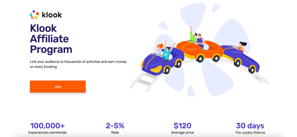 A screenshot of the Klook affiliate program featuring a drawing of a rollercoaster