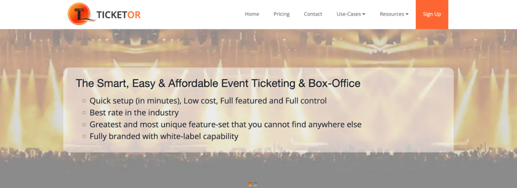 A screenshot of the Ticketor homepage featuring a photo of a concert stage
