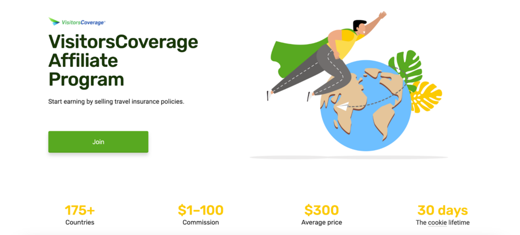 A screenshot of the VisitorsCoverage affiliate program page featuring a cartoon superman flying around the Earth