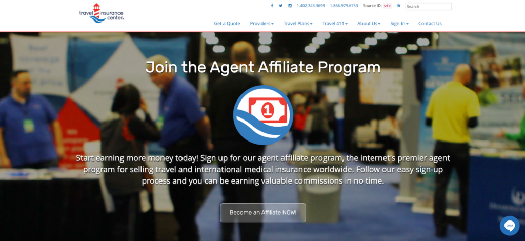 A screenshot of the Travel Insurance Center affiliate program page