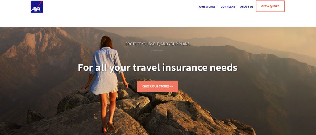 A screenshot of the AXA Travel Insurance homepage featuring a photo of a woman on top of the mountain