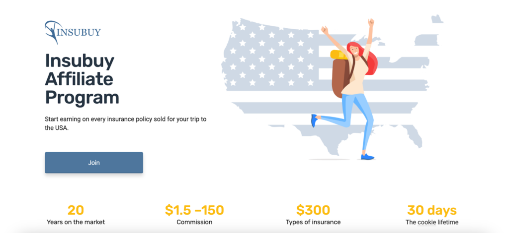A screenshot of the Insubuy affiliate program page featuring a cartoon backpacker in front of the US flag