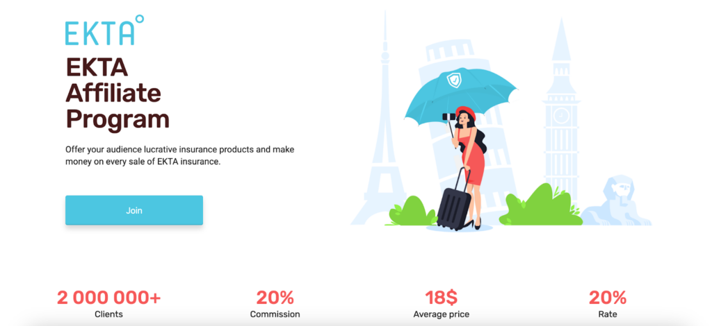 A screenshot of the EKTA affiliate program featuring a cartoon traveler in Europe