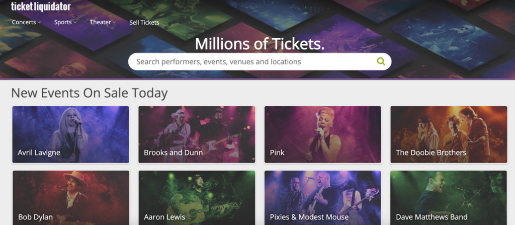 A screenshot of the Ticket Liquidator page featuring events on sale