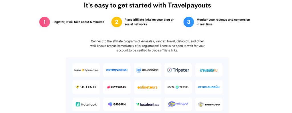 A screenshot of the Travelpayouts homepage featuring a list of available affiliate programs