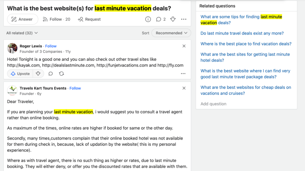 Keyword research example for “last minute vacation” keyword on Quora