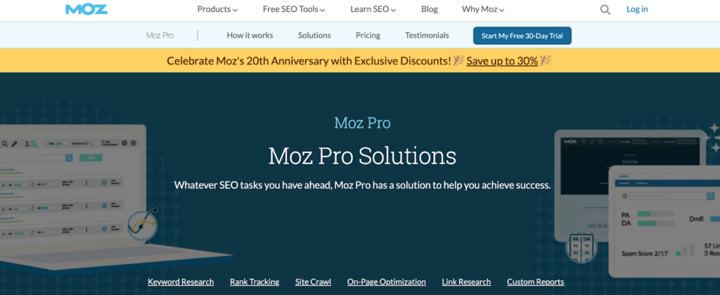 A screenshot of the Moz Pro homepage 