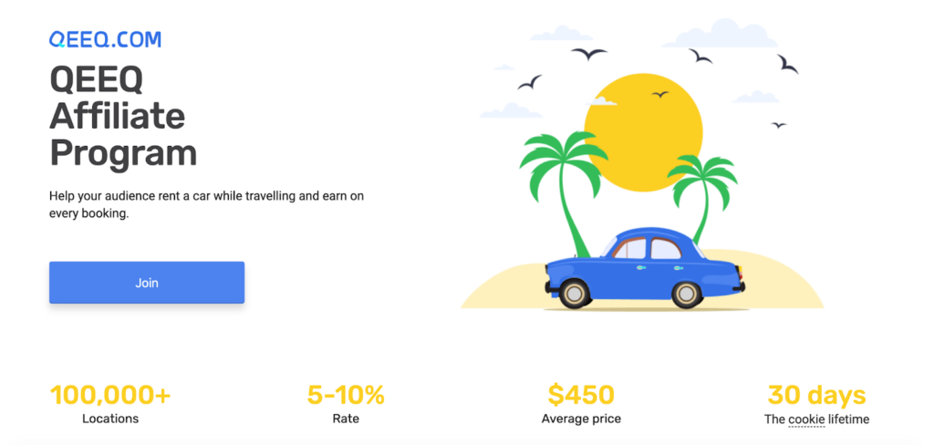 A screenshot of the QEEQ affiliate program page featuring a drawing of a car on an island
