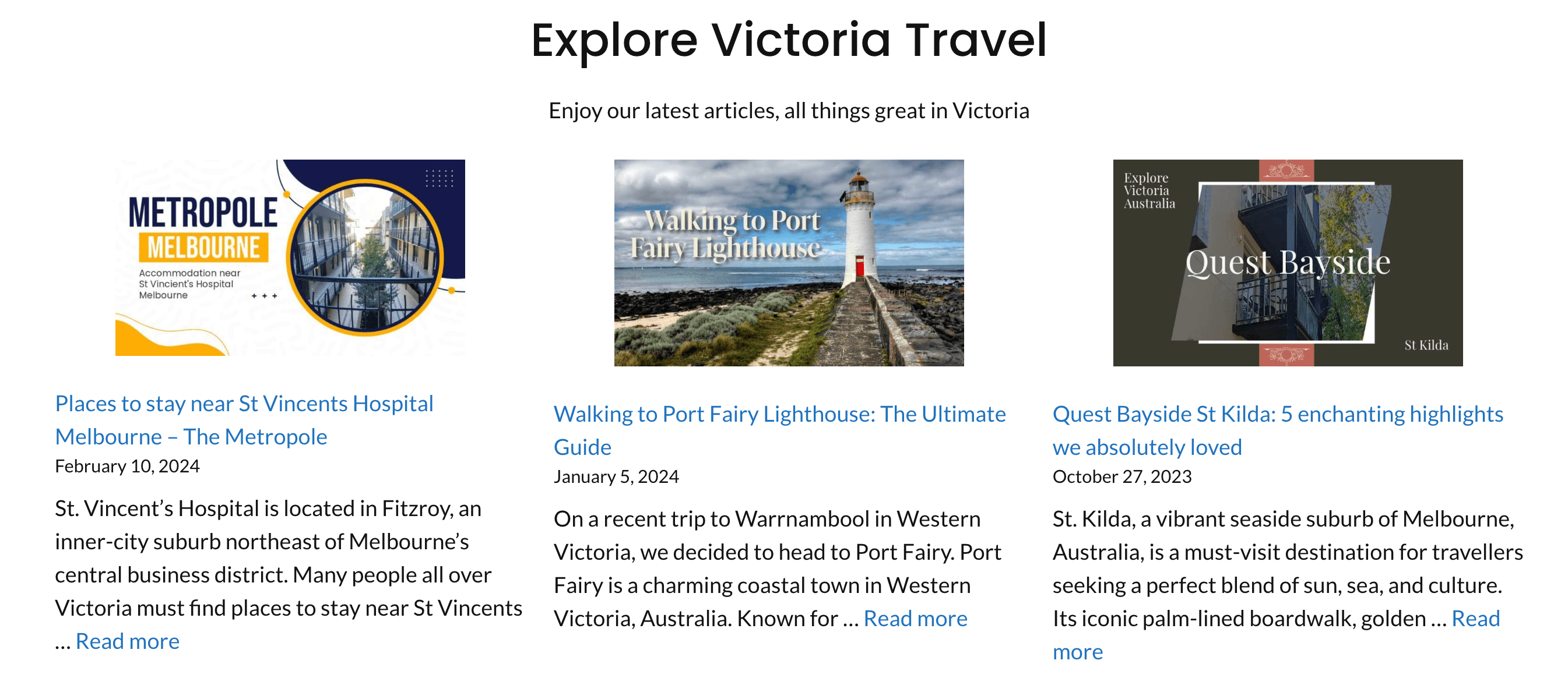 The articles on the Explore Victoria Travel website homepage