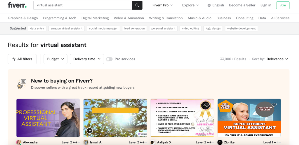 A screenshot of the search results for the “virtual assistant” keyword on Fiverr