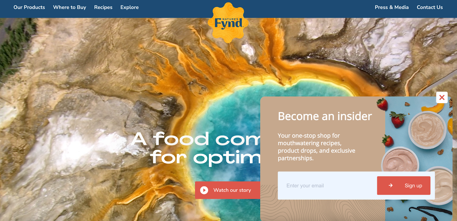 A screenshot of the Nature’s Fynd homepage featuring a pop-up form