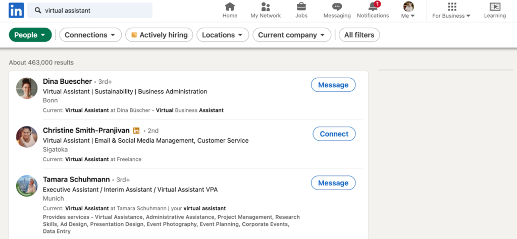 A screenshot of the virtual assistant search results on LinkedIn