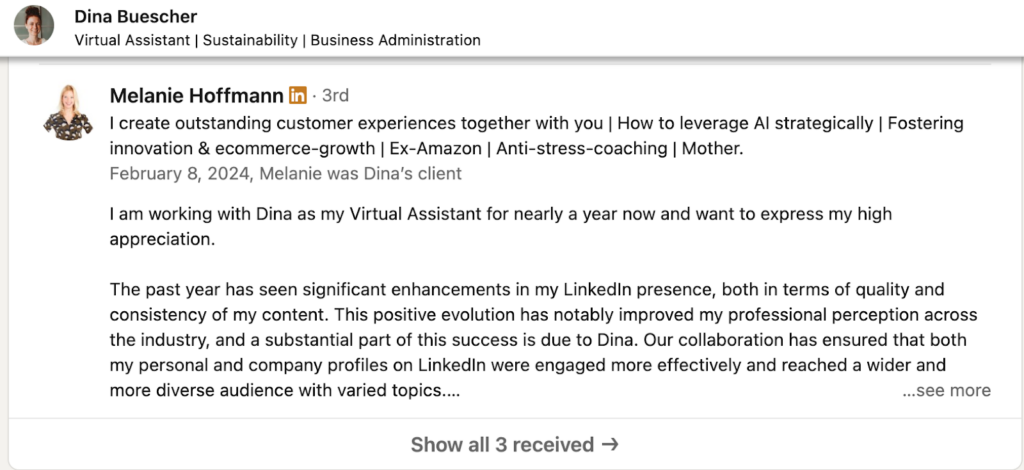 A screenshot of the recommendations section on LinkedIn