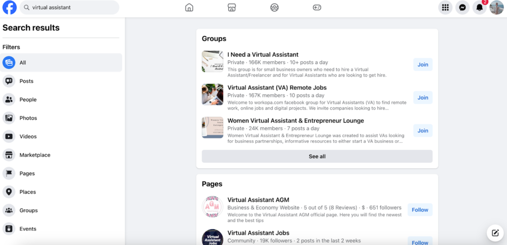 A screenshot of the virtual assistant search results on Facebook