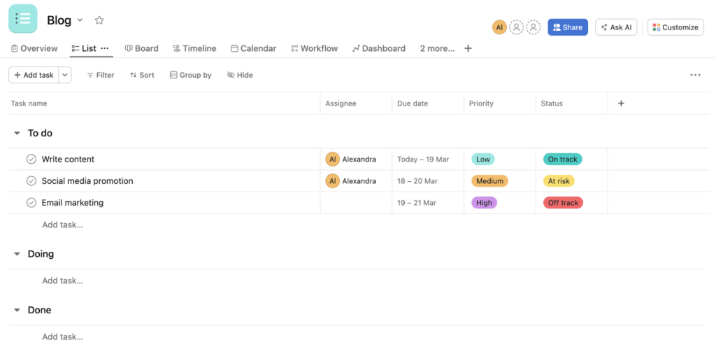 A screenshot of the Asana dashboard